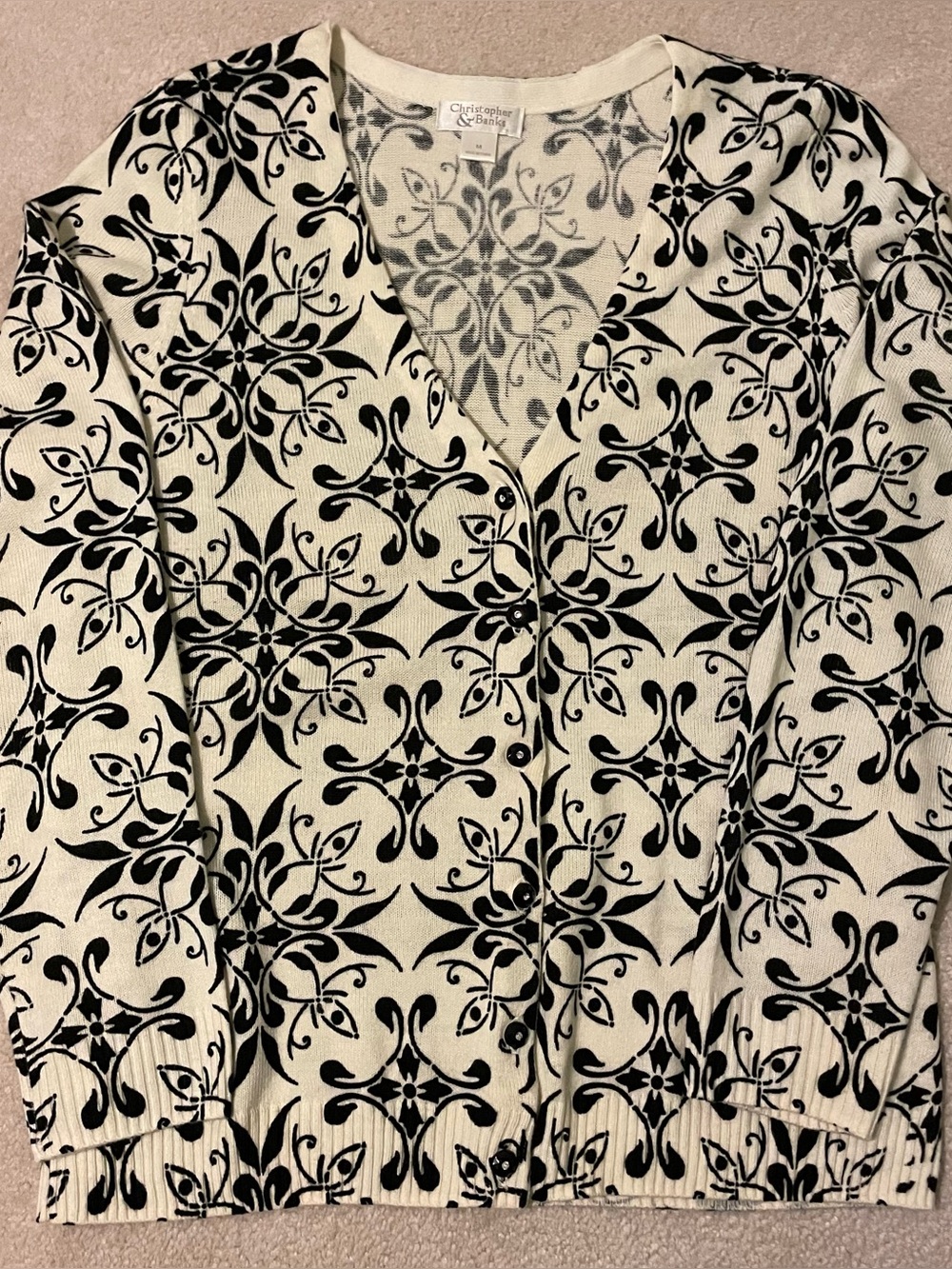Christopher & Banks Black & White Floral damask Cardigan Sweater-medium NWOT